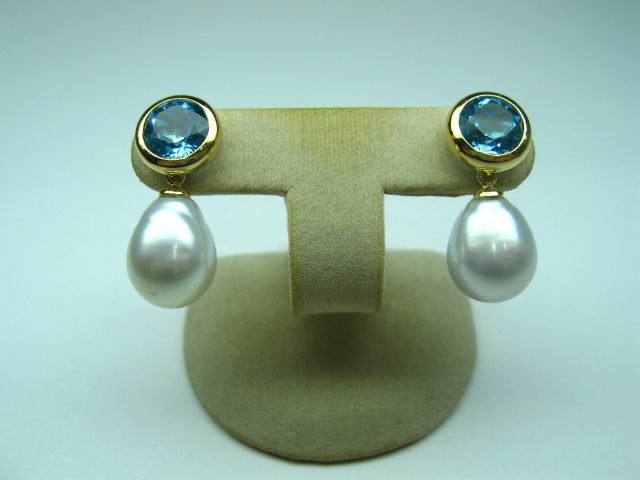 Blue Topaz Earrings and Detachable South Sea Pearl Ear-hangers